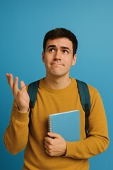 Confused student with a backpack holding a notebook looking upwards, Caucasian