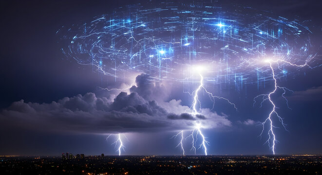 Surreal Nighttime Lightning Storm Over Cityscape With Futuristic Clouds
