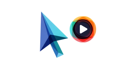 Blue cursor arrow and colorful play button icon isolated on transparent background