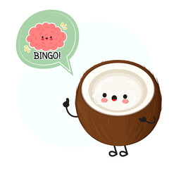 Coconut character having an idea, brain saying bingo