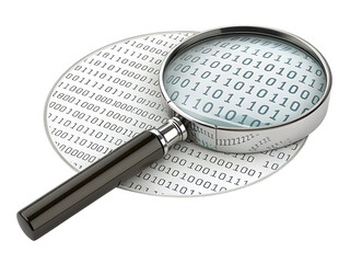 Magnifying Glass, over Binary Code Data digital technology, cutout, PNG isolated on transparent background