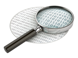 Magnifying Glass, over Binary Code Data digital technology, cutout, PNG isolated on transparent background