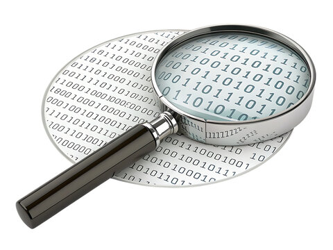 Magnifying Glass, over Binary Code Data digital technology, cutout, PNG isolated on transparent background
