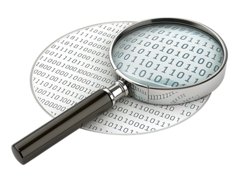 Magnifying Glass, over Binary Code Data digital technology, cutout, PNG isolated on transparent background