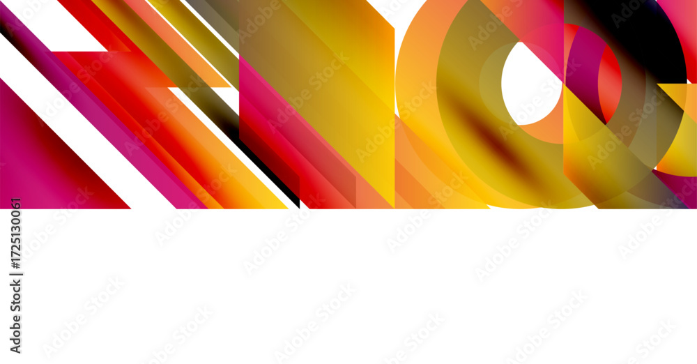 Poster abstract geometric composition. vivid colors blend, creating dynamic shapes. lines intersect curves,