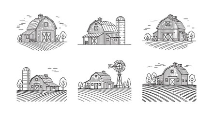 Fototapeta premium Collection of hand-drawn farmhouses, barns, silos, and rural landscape illustrations for design