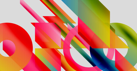Abstract composition. Colorful geometric shapes overlap, creating dynamic visual effect. Gradients add depth, texture. Modern design.