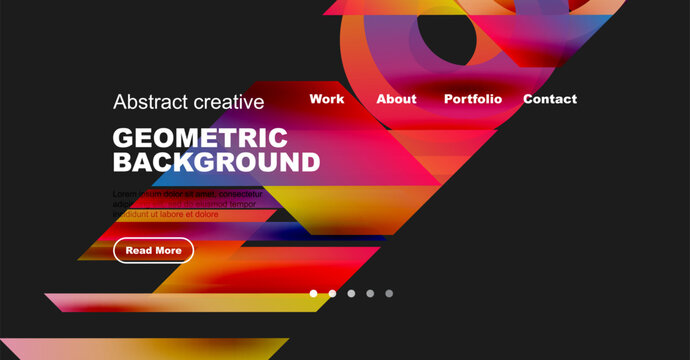Modern website mockup displays vibrant geometric design. Text elements present work, about, portfolio, contact options. Red button visible.