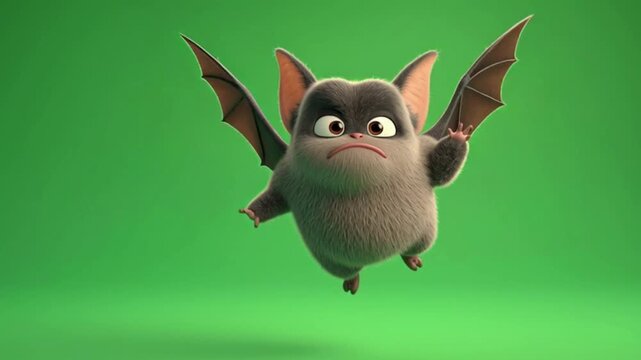 Animated grumpy bat character flapping wings in cartoon video for Halloween animation or funny mascot use on green screen background