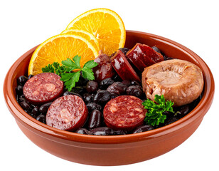 Traditional Brazilian Feijoada in Rustic Clay Bowl with Authentic Garnishes