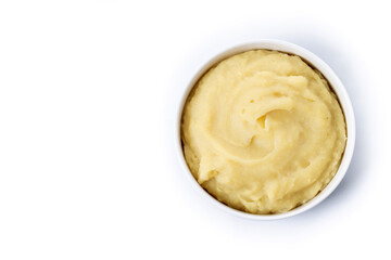 Mashed potatoes in white bowl isolated on white background. Top view. Copy space
