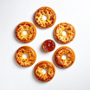 Six mini pizzas arranged around a small bowl of marinara sauce on a white background, forming a visually appealing pattern