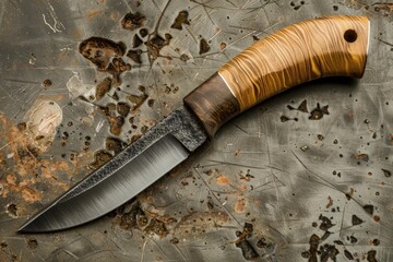 Handmade hunting knife with stabilized karelian birch burl handle resting on a rusty metal surface