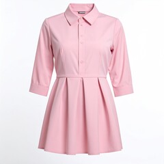 A pale pink, collared shirt dress with three-quarter sleeves, button front, and pleated A-line skirt