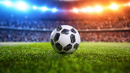 Fototapeta premium A soccer ball rests on the green grass of a stadium field, illuminated by bright stadium lights