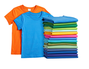 Two folded t-shirts, orange and royal blue, alongside a stack of various colored t-shirts