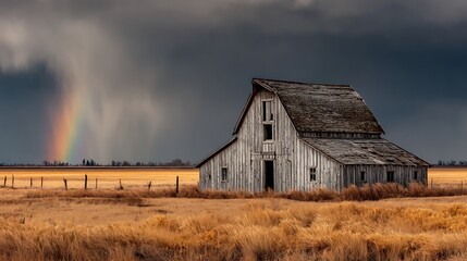 Obraz premium Abandoned Wooden Barn Surrounded by Golden Fields Under a Dramatic Sky with a Rainbow