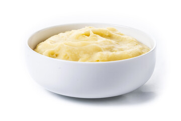 Mashed potatoes in white bowl isolated on white background