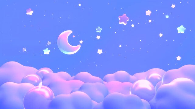 Cartoon moon, stars, bubbles on clouds at night animation. (Loop)