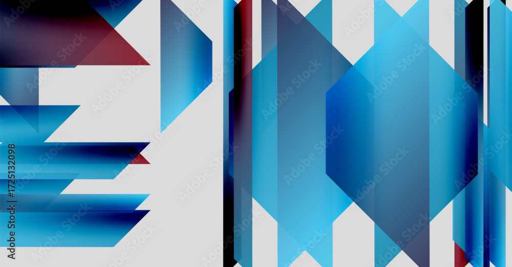 Poster abstract geometric composition. blue, maroon hues dominate. sharp angles, layered shapes create dyna