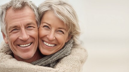 Smiling senior couple embracing outdoors. The man has gray hair and a beard, while the woman has blonde hair. They wear cozy sweaters and appear happy.