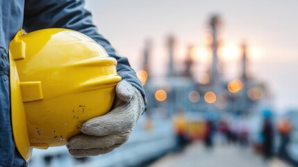 A worker holds a yellow hard hat in front of an industrial site. The background features blurred machinery and workers, indicating a busy construction environment.