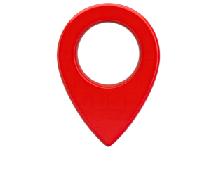 A bright, glossy, red map pin icon, centrally located against a black background.  The pin has a pointed top and a circular opening