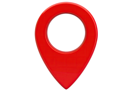 A bright, glossy, red map pin icon, centrally located against a black background.  The pin has a pointed top and a circular opening