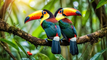 Obraz premium Two colorful toucans perched on a branch in a lush green rainforest with sunlight filtering through the leaves