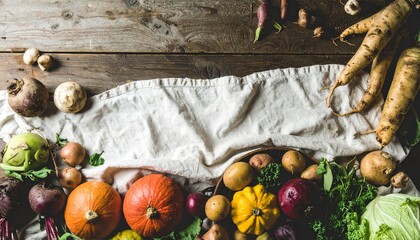 秋冬の野菜、根菜の盛り合わせ、かぼちゃとじゃがいも、ナチュラルな食材写真、木のテーブルと布、収穫された野菜、素朴な農家の食卓、オーガニック野菜の背景、ローカル野菜、自然な暮らしのイメージ、ナチュラルカラーの食材、季節の食材ディスプレイ、田舎風の野菜スタイリング、ヘルシーフードのイメージ、野菜とリネンのある風景
