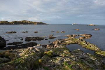 Rocky cliffs and tidal pools along the coastline of Vesterålen, Norway. Moss-covered stones and scattered islets highlight the wild beauty of this Arctic seascape.