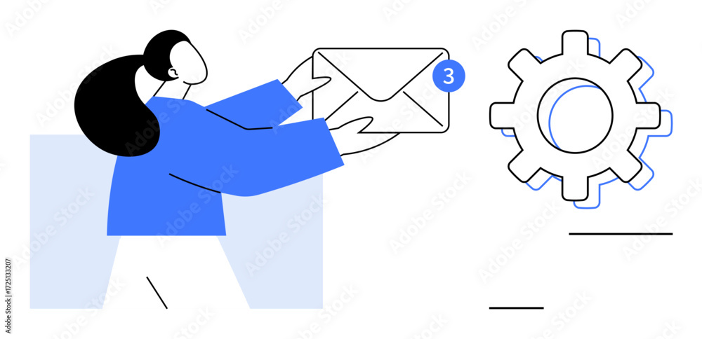 Poster woman receiving an email with notifications, large gear symbolizing system setup or automation. idea