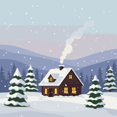 Snowy log cabin with smoke rising, nestled among trees on a winter day