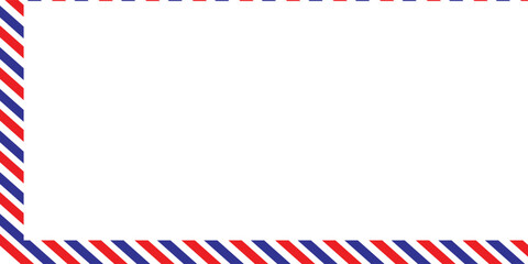 Fototapeta premium Airmail Envelope frame images with strips. International vintage letter border. Retro air mail postcard with blue and red stripes. Empty classic postal frame. Vector illustration