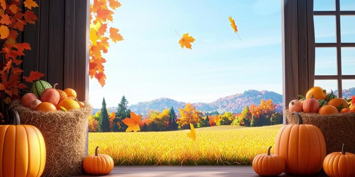 Cozy autumn scene with pumpkins and vibrant fall landscape
