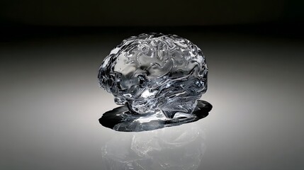  Hyper-realistic brain sculpture crafted from fragile translucent ice, melting under spotlights into dark puddles.