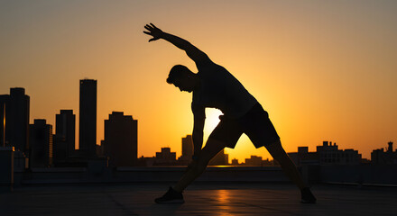 Silhouette of a man stretching against a vibrant sunset backdrop with a cityscape, embodying fitness, health, and urban wellness in a golden light