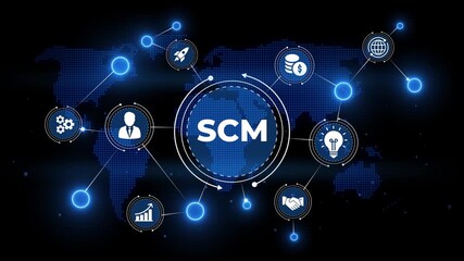 Global Supply Chain Management SCM network with icons and world map on black background logistics - Powered by Adobe