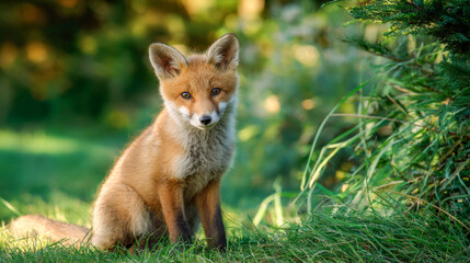 Fototapeta premium Curious young fox sitting in a lush green meadow during a sunny afternoon