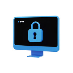 3D computer monitor with blue padlock on black screen