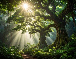 Lush jungle sunbeams illuminate ancient tree
