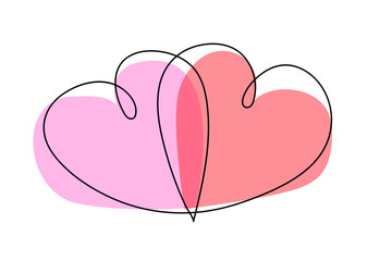 Two hearts, a continuous closed line drawing. Silhouettes. A state of being in love. Valentine's Day concept. A pair of hearts, a trendy minimalist illustration. Colors: black, white, pink. Vector.
