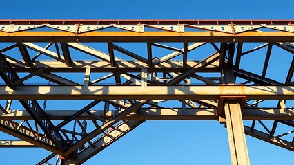 Industrial steel structure with geometric patterns, highlighting construction progress under clear skies.