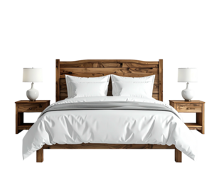 A wooden bed with white bedding and bedside tables
