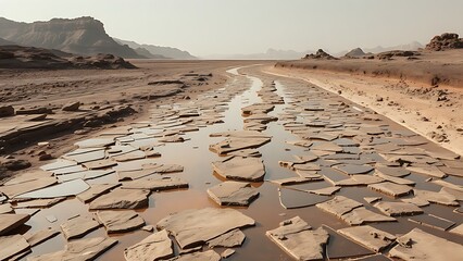 A dried Martian riverbed crafted from shattered mirrors reflecting the absence of water.
