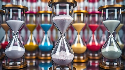 Colorful overlapping hourglasses with upward-flowing sand, depicting the unique perception of time in ADHD.