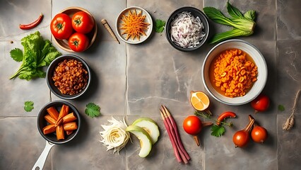 Fresh Asian ingredients arranged on a rustic stone surface, top-down view.