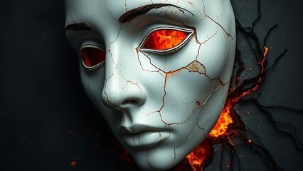 A porcelain mask with cracks revealing molten lava, representing suppressed emotions in aging women.