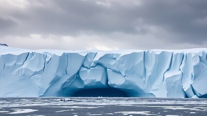 A vast Antarctic glacier with a massive, geometric blue void in the ice, under a troubled, melancholic sky.