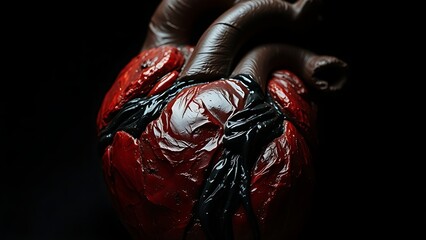 Abstract sculpture of a human heart with dark material seeping from within.